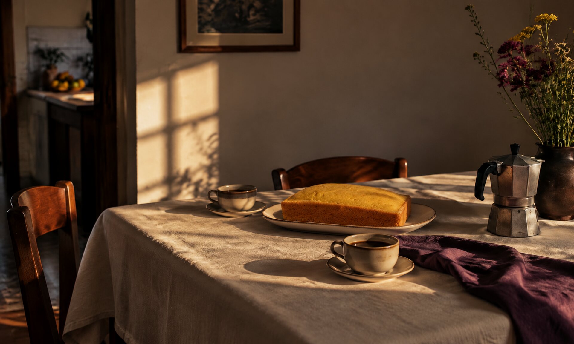 Mantecada LAN entera sobre la mesa, con café a la luz de la tarde