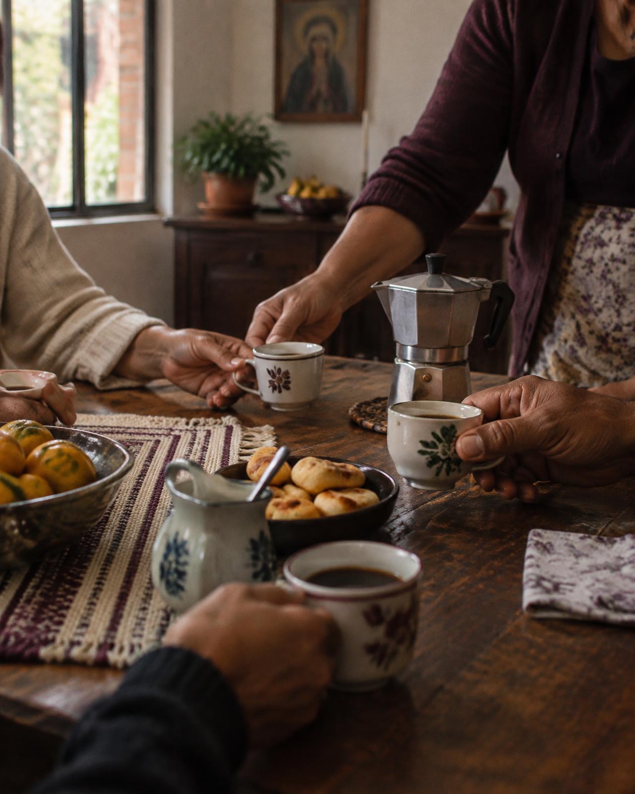 Manos de una familia compartiendo alrededor de la mesa