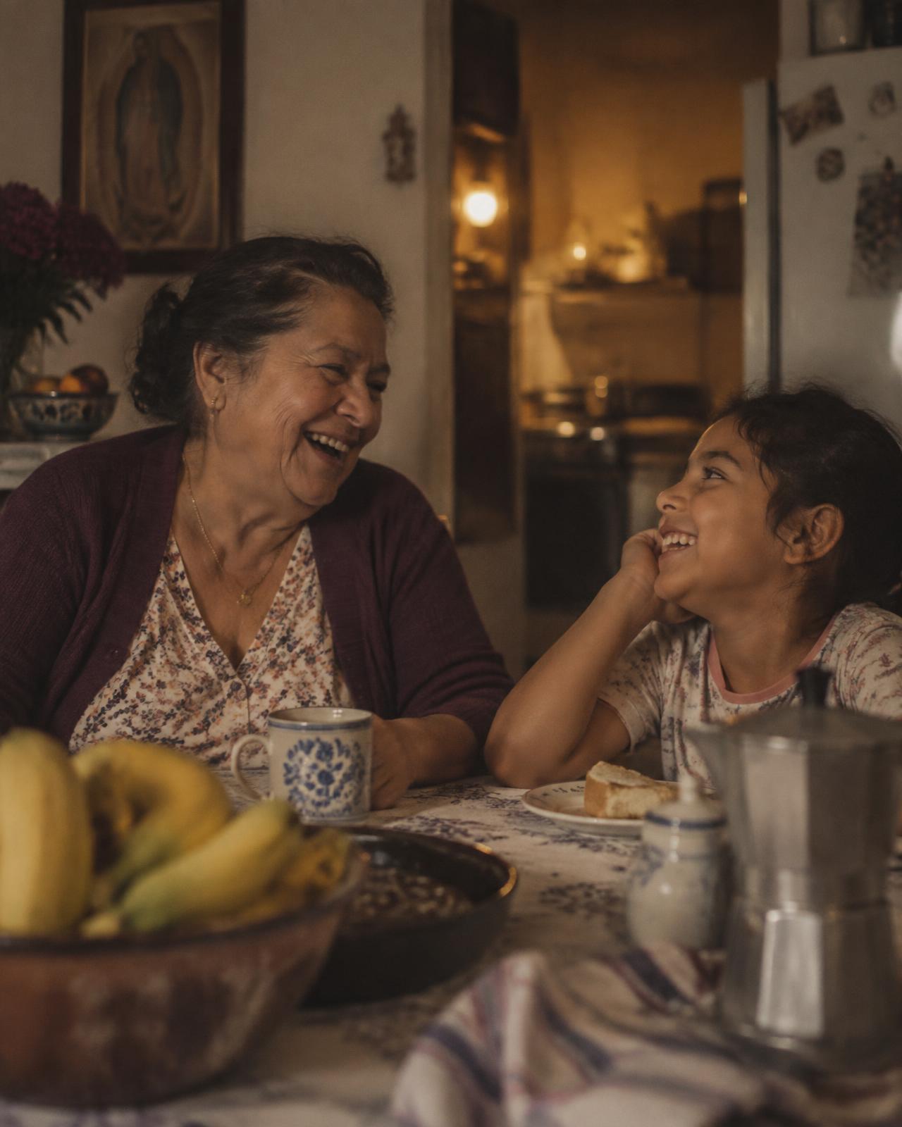 Abuela y nieta riendo en la cocina